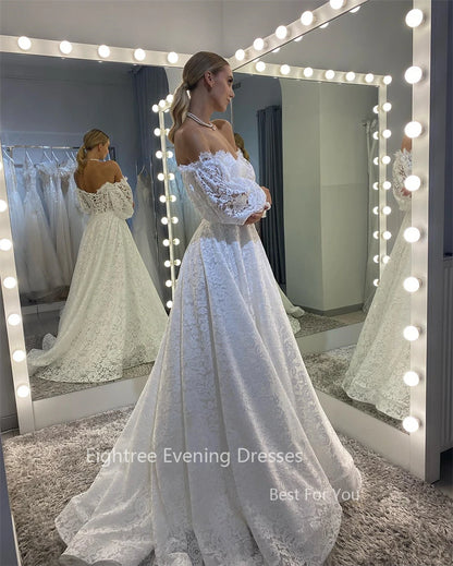 Eightree Full Lace Wedding Dress with Three Quarter Sleeves Formal Occasion Bridal Gowns Off Shoulder Princess Wedding Dresses