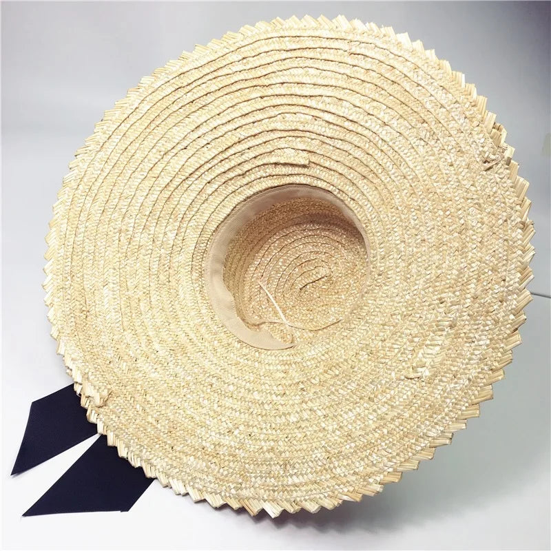 Chapeau de paille naturelle à large bord de 18 cm pour femme, chapeau d'été élégant, chapeau de soleil, chapeau de plage à long ruban, chapeau de spectacle, chapeau de vocation Derby