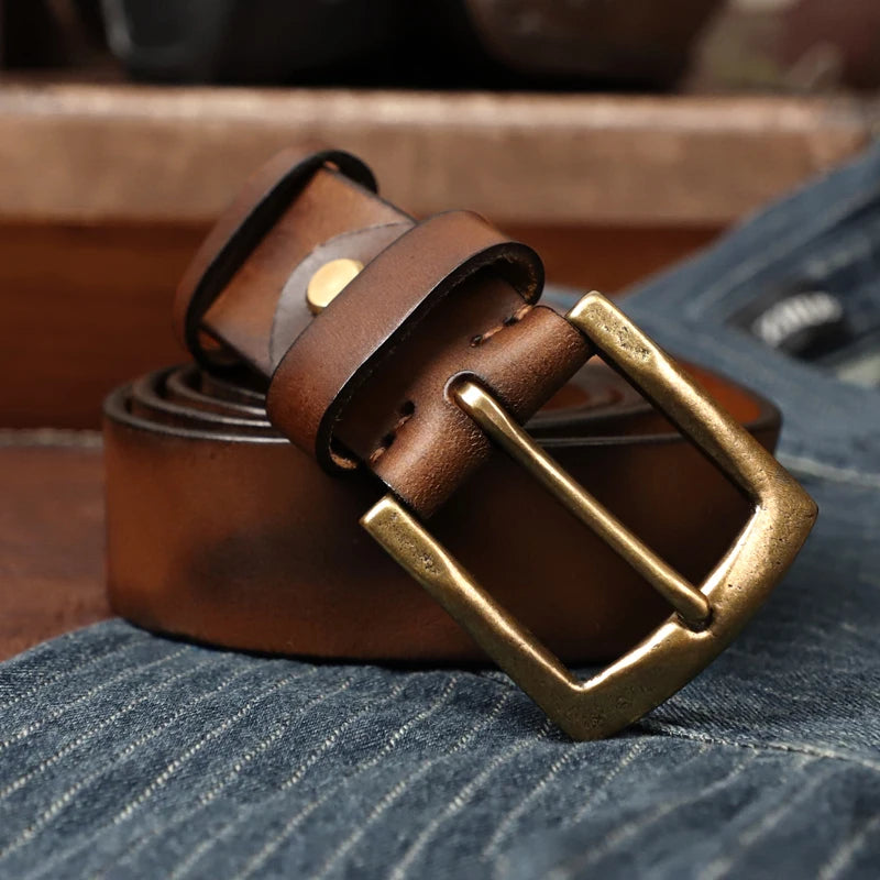 3.8CM Genuine Leather Belt For Men High Quality Copper Buckle Jeans Cowskin Casual Belts Cowboy Waistband Male