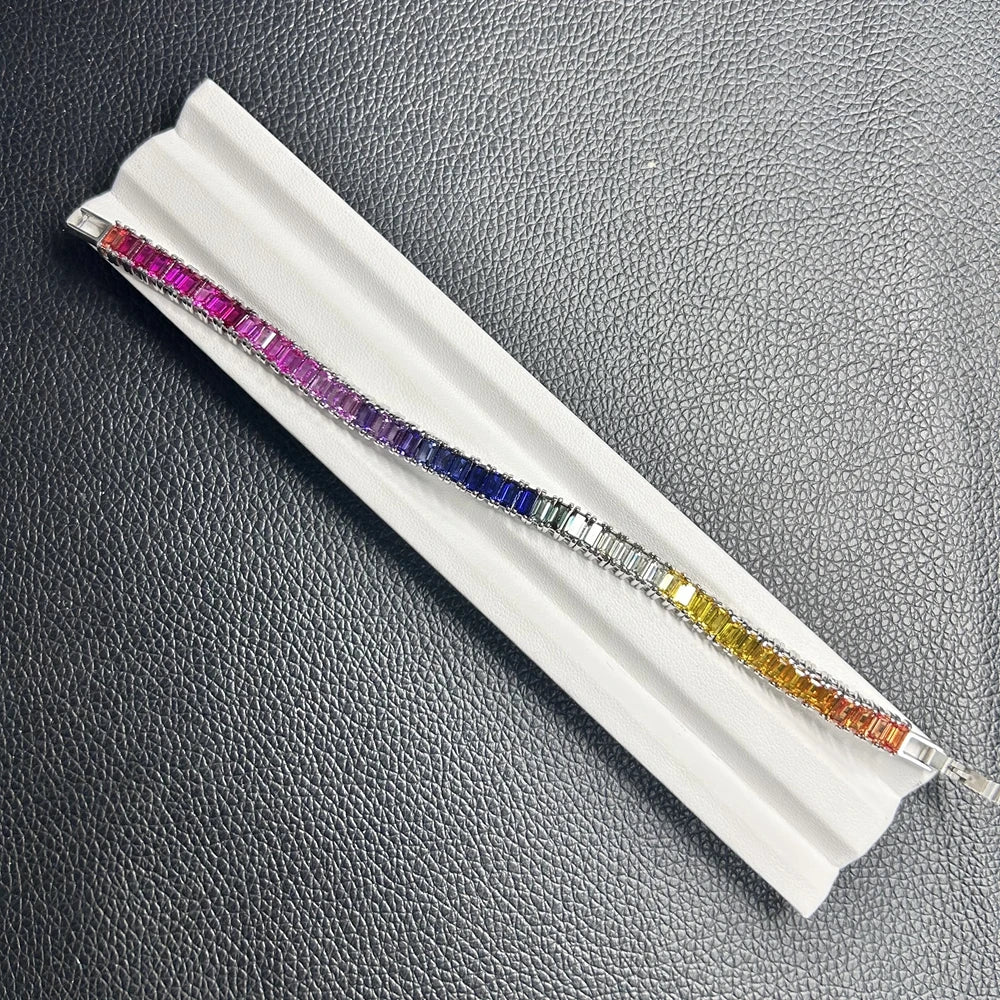 Meisidian 3x5mm Bracelet Stainless Steel Plated White Gold Rainbow Sapphire Tennis Link