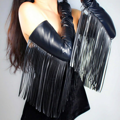 Guantes largos con flecos para mujer, de piel sintética, estilo vaquera, con borlas, de 70 cm, para discoteca, disfraz, noche, ópera, Halloween