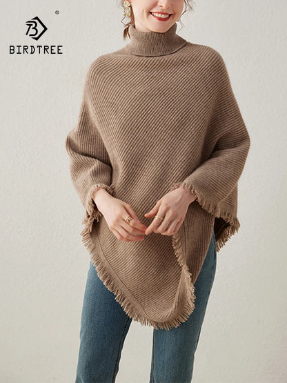 BirdTree, 35% Cashmere 65% Wool Warm Shawl, Woman Simple Loose Turtleneck Thicken Cardigan, 2024 Autumn Winter Cloak A48438QC