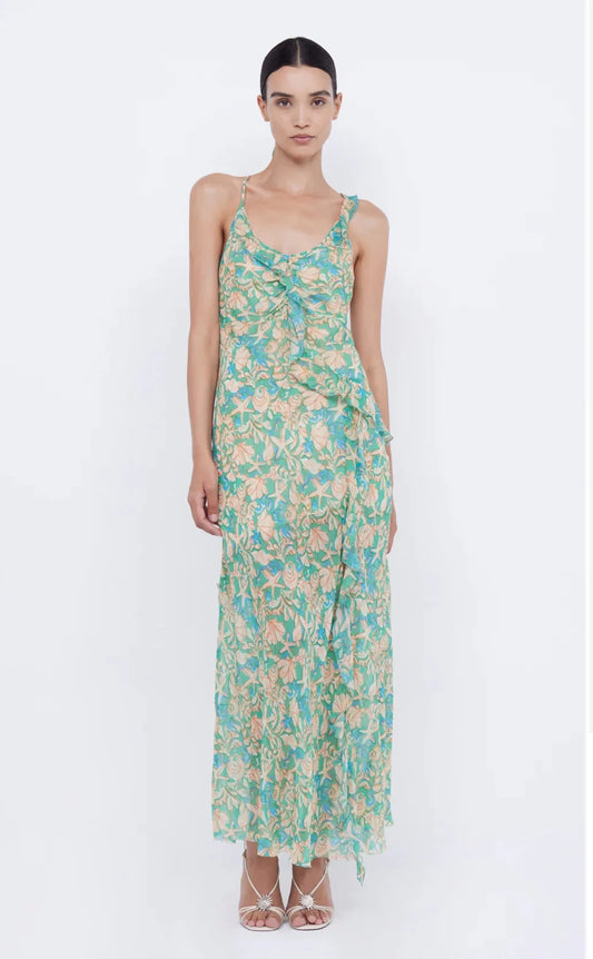 Robe longue à volants et imprimé floral pour femme, coupe ajustée, dos nu, été 2024