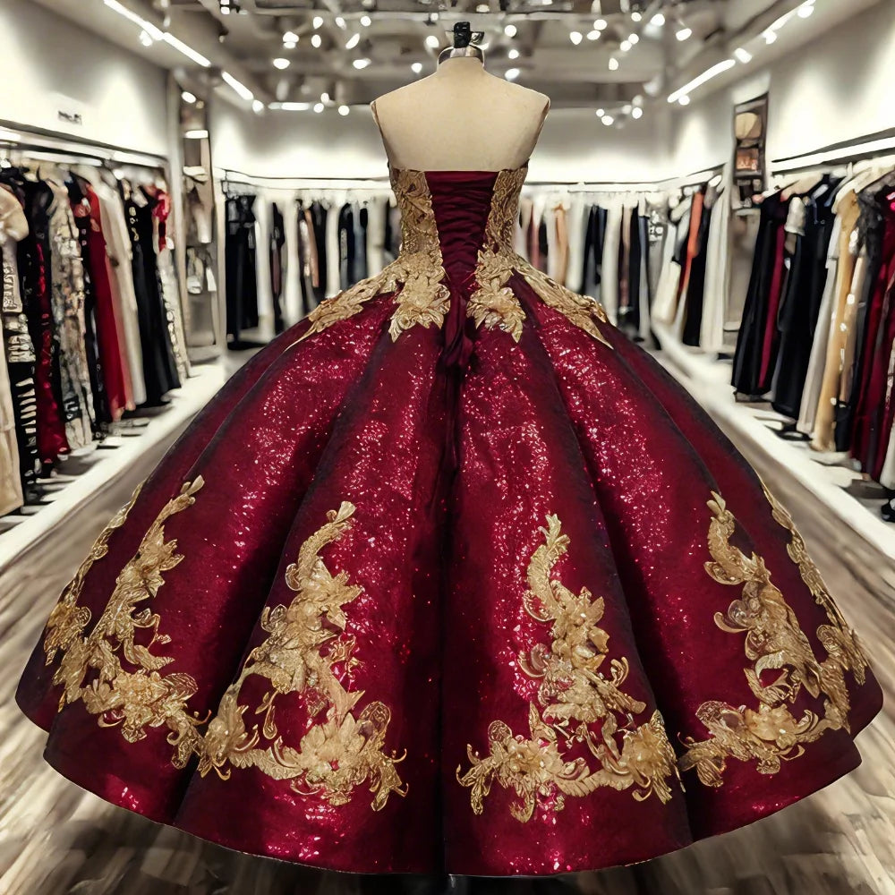 Robe de Quinceanera à paillettes bordeaux, robe de bal, robe de fête d'anniversaire, robe de princesse, Wc026