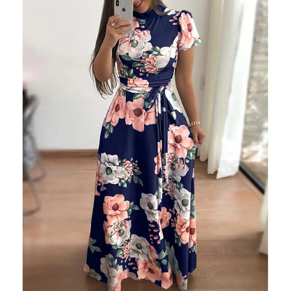 Women's Summer Long Super Long Dress 2023 Casual Short Sleeve Flower Print Dresses Casual High Collar Bandage Vestidos S-5XL