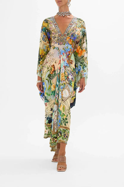 Women V-Neck Beaded 100% Silk Flower Printed Flare Sleeve Holiday Long Dress