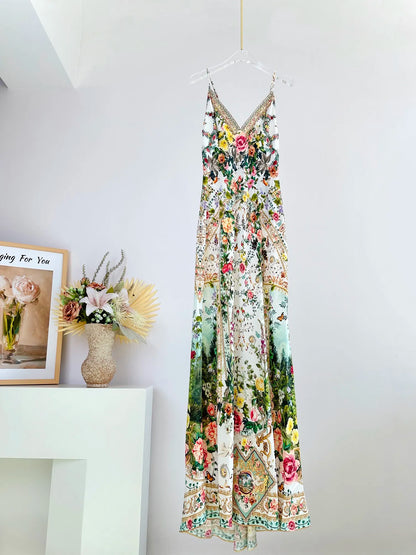 Vestido largo de fiesta para mujer, sin tirantes, con estampado de flores y cuentas, espalda descubierta, 100 % seda