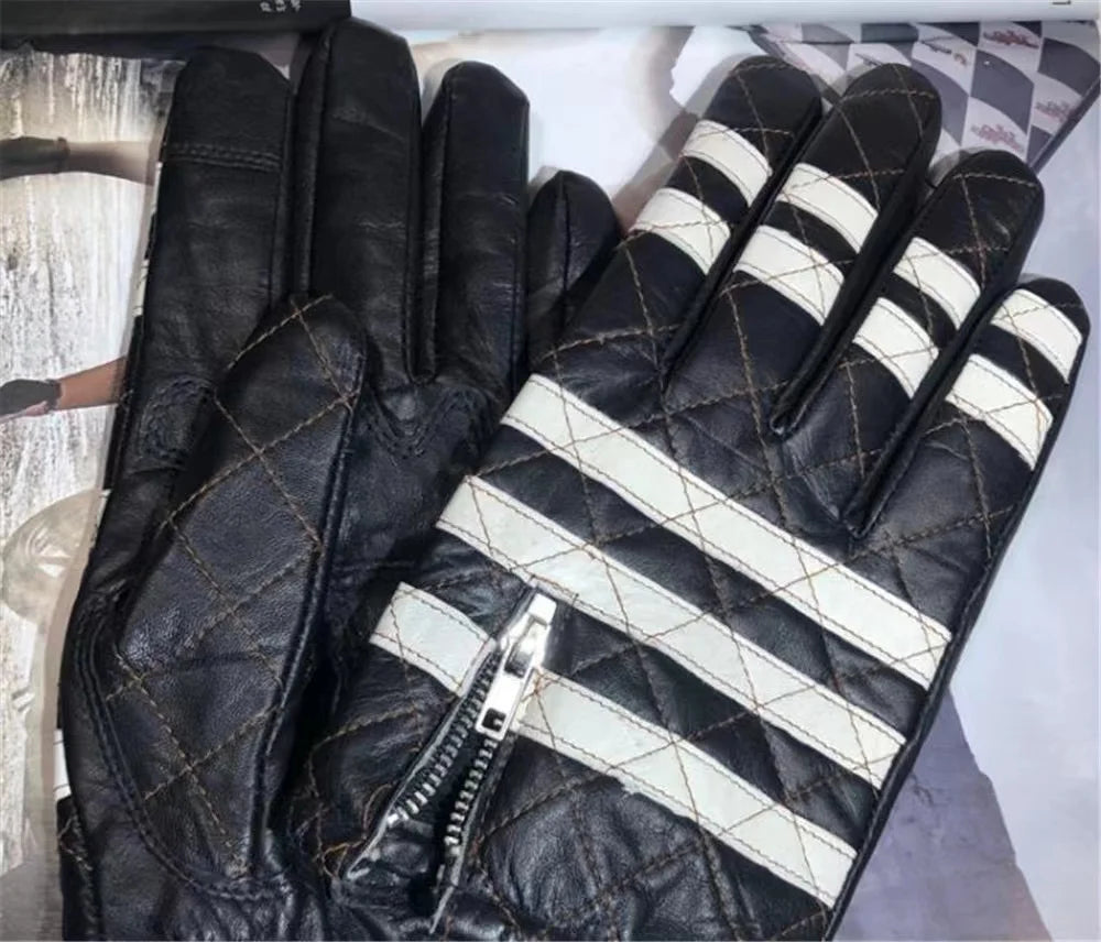 Guantes de piel de oveja para motocicleta para hombre, guantes de locomotora de cuero genuino con rayas blancas y negras y pantalla táctil para uso diario