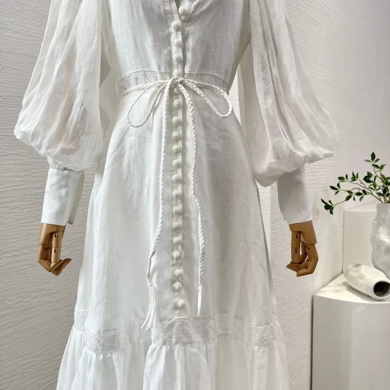 White Hook Flower Hollow Long Shirt Dress Top Quality Spring Women Summer Elegant Lantern Sleeve Buttons Lace-up