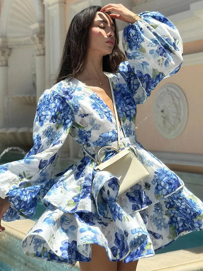 Robe mini élégante à volants et imprimé floral, à volants, à volants, à volants, à manches longues bouffantes et à col en V, robe trapèze tendance pour femme, robe de soirée