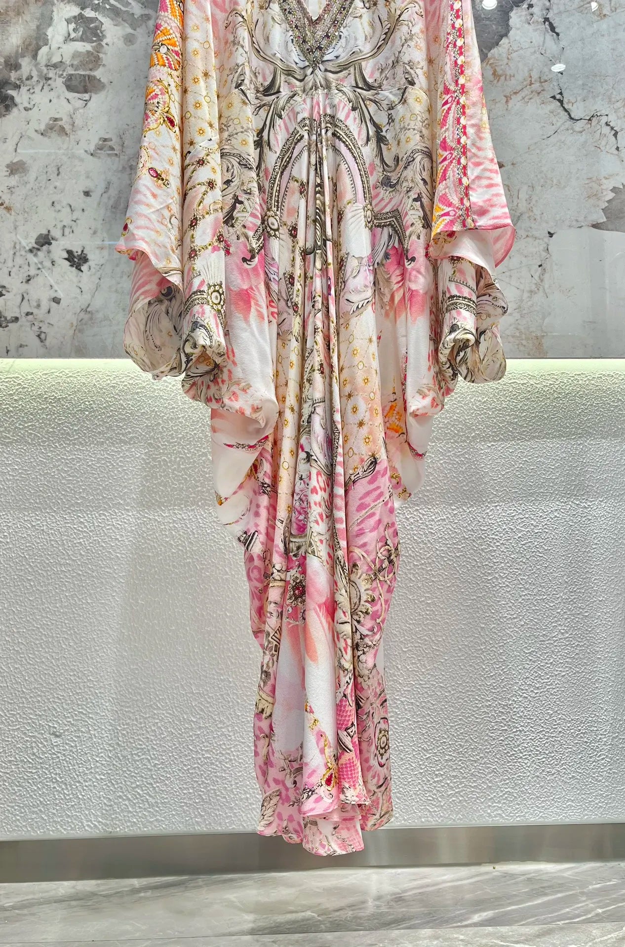 Women V-Neck Beaded Flower Printed Flare Long Sleeve 100% Silk Maxi Dress