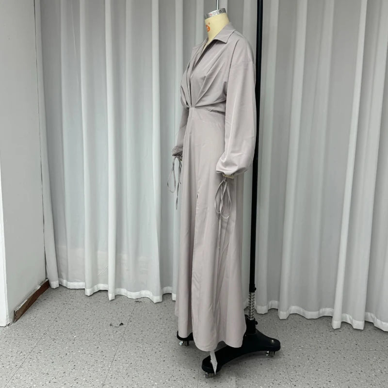 Ellafads 2024 Femmes Maxi Robe D'été Décontracté Revers Solide Col En V À Manches Longues Lâche À Lacets Dos Nu Fente Vacances Robes Streetwe