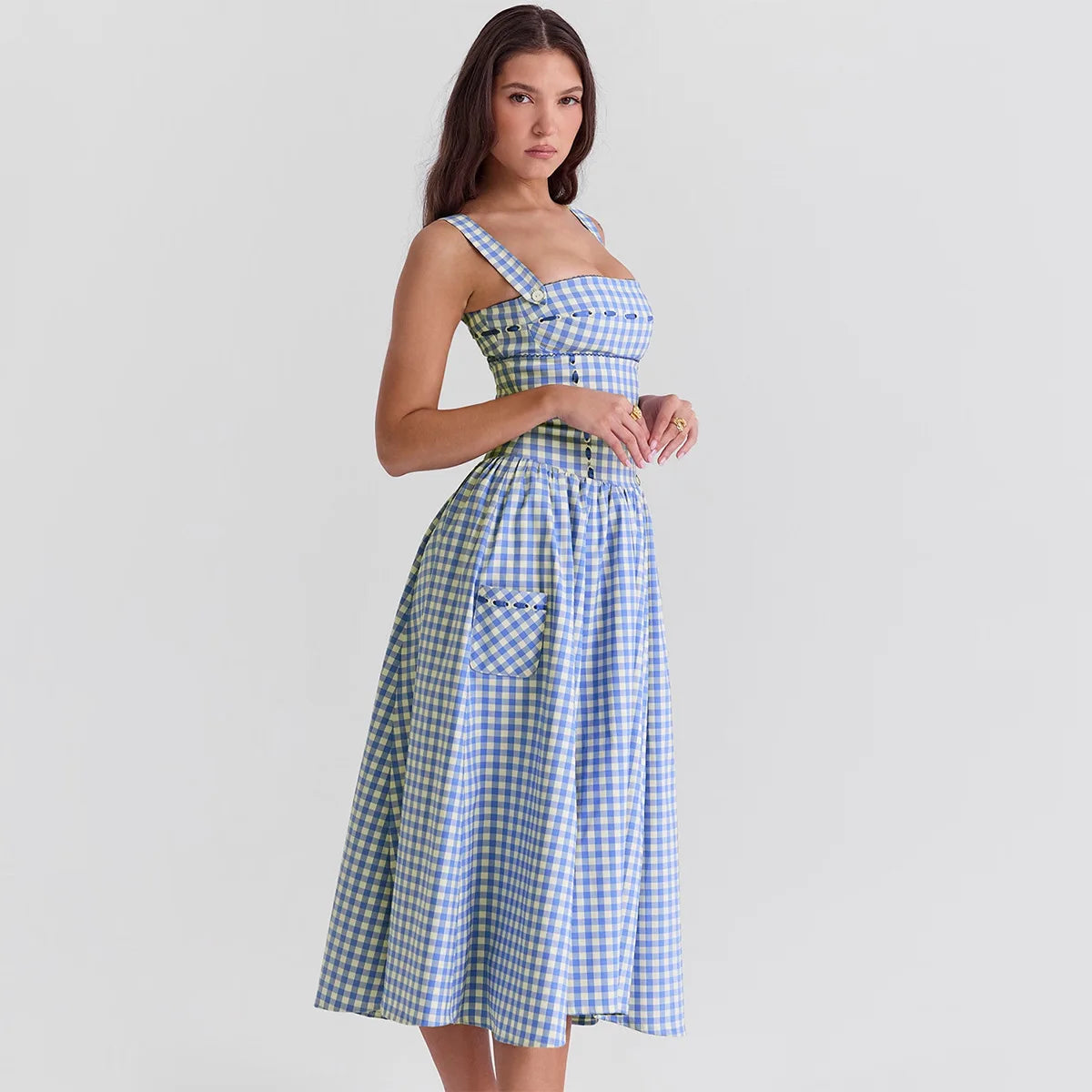 Oligai Elegant and Beautiful Women Dresses 2024 Summer Spaghetti Strap Long Plaid Dress with Pocket Female Vacation Dress