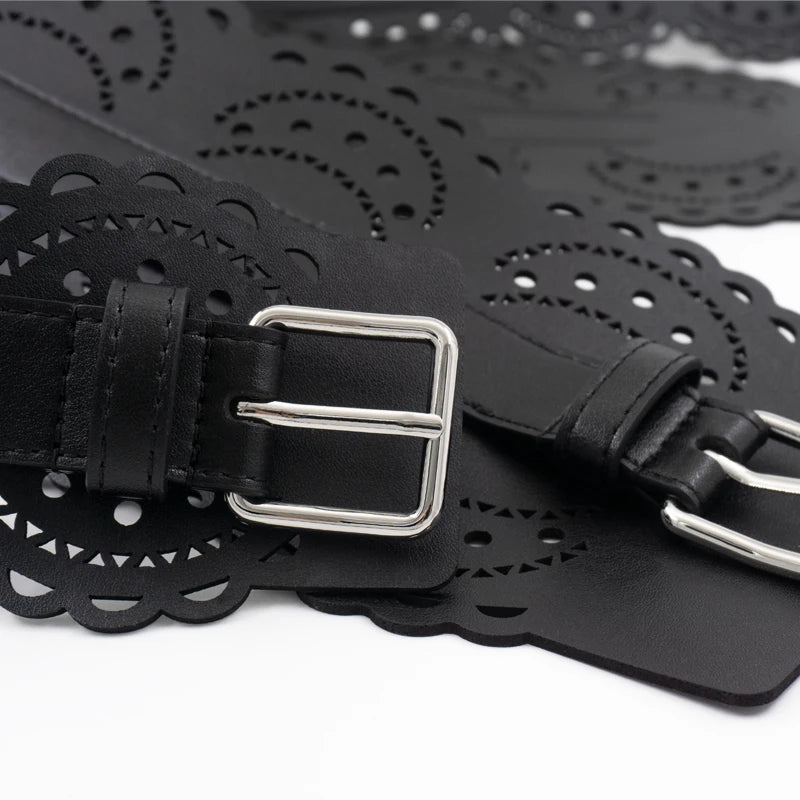 Cut out carved leather waist closure pin buckle leather wide belt dress waist geometric decoration silver buckle wide belt