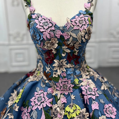 Exquisito vestido de quinceañera azul con tirantes finos, estampado floral, escote en forma de corazón, vestido de noche con cordones DY9897 Avondjurk