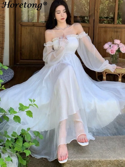 Horetong Élégant Maxi Robes Pour Femmes Blanc Épaule Dénudée Bouffante Manches Longues Élastique Taille Haute Robe De Soirée À Volants Robe De Vacances