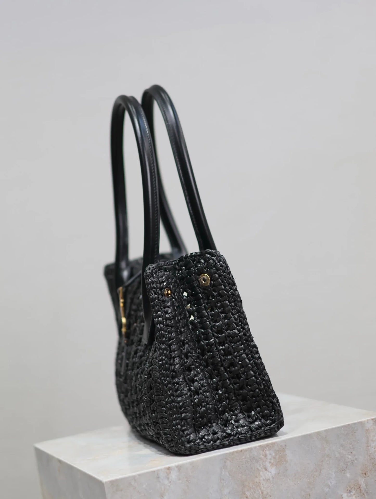 Summer bag Raffia Grass Woven Handbag - Black Chic Design with Wide Strap & Short Shoulder Chain, Textured Grid Pattern