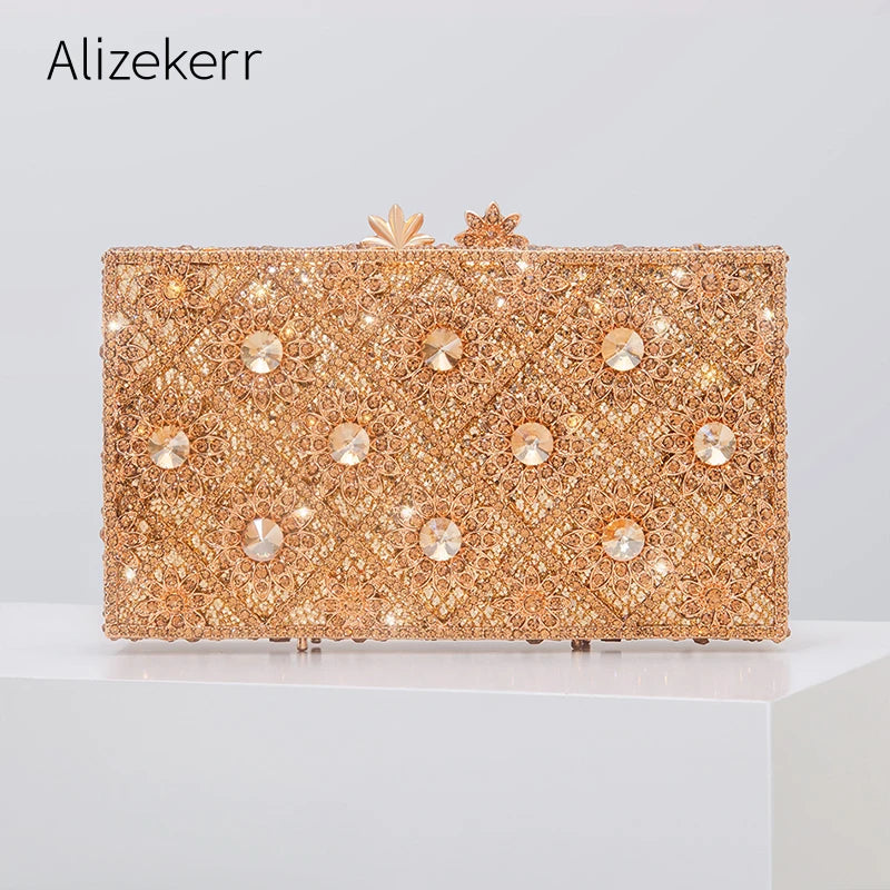 Bolsos de noche de lujo para mujer, de cristal dorado y metálico, con diseño de flores a cuadros y diamantes cuadrados, para boda, bolso de mano con cadena para fiesta