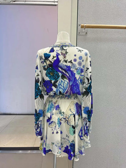 Robe courte pour femme 2024 nouvelle robe printemps été 100 % soie perlée à fleurs imprimées col en V taille élastique vintage à manches longues mini