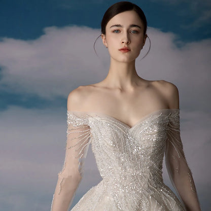 Robe de mariée sexy et brillante à épaules dénudées, avec appliques de perles, manches longues, dos nu, lacets, tulle, robe de mariée traînante pour seniors