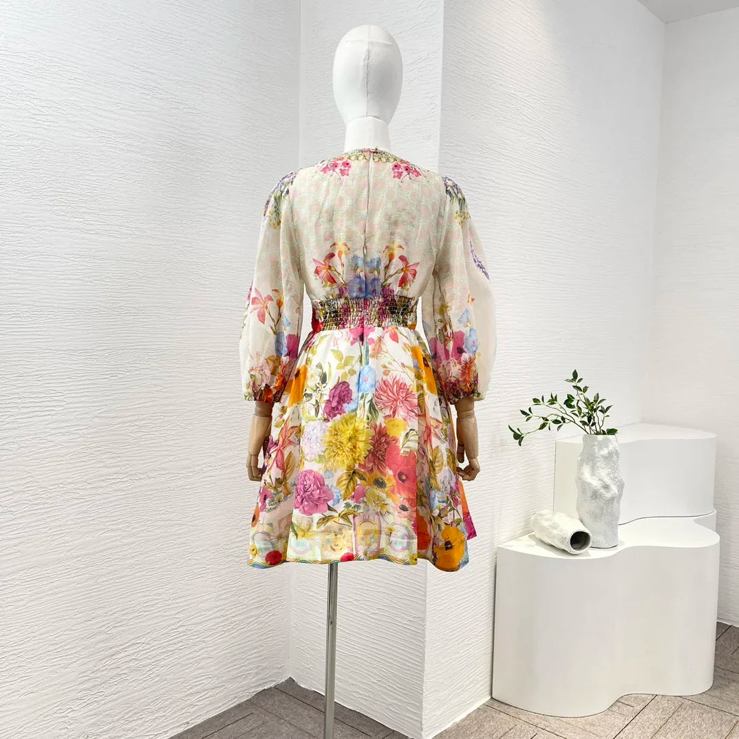 Linen Silk New High Quality Multicolor Floral Print Long Sleeve V Neck Diamonds Pressed Stretchable Shirred Women Mini Dress