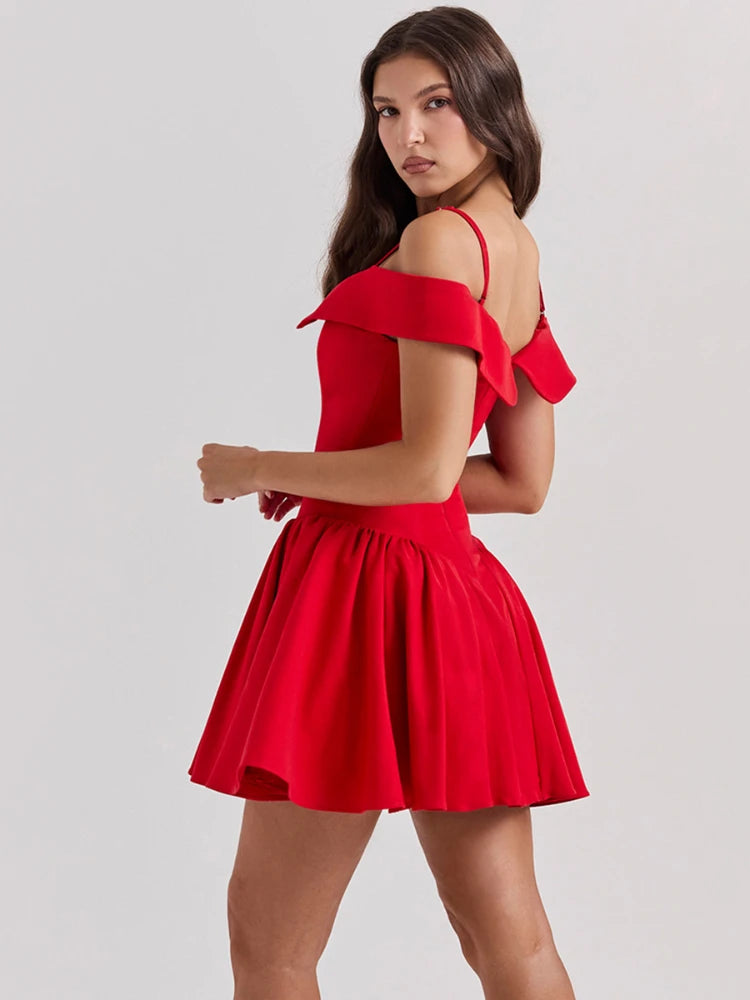 Oligai Vestidos elegantes de verano para mujer, vestidos de fiesta ajustados con hombros descubiertos en rojo, minivestido informal de corte A esponjoso para vacaciones