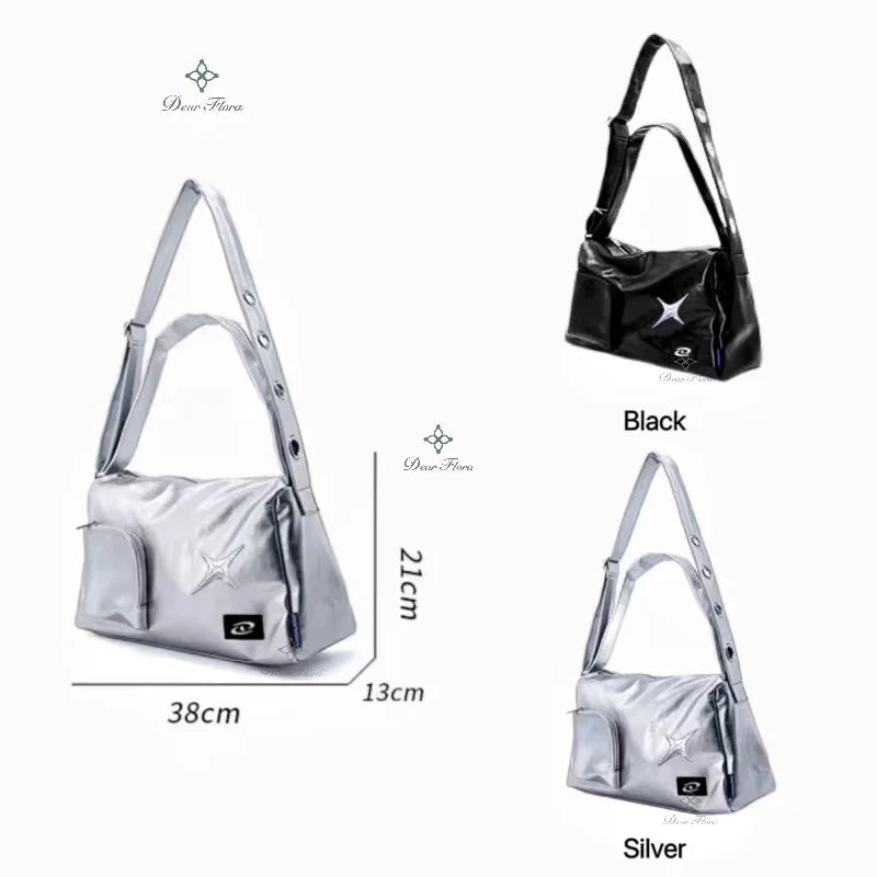 Y2k Girl Tote Bag Korean Vintage Shoulder Bag Aesthetic Women Crossbody Travel Zip Casual Handbag Fashion Ladies Silver Big Bags