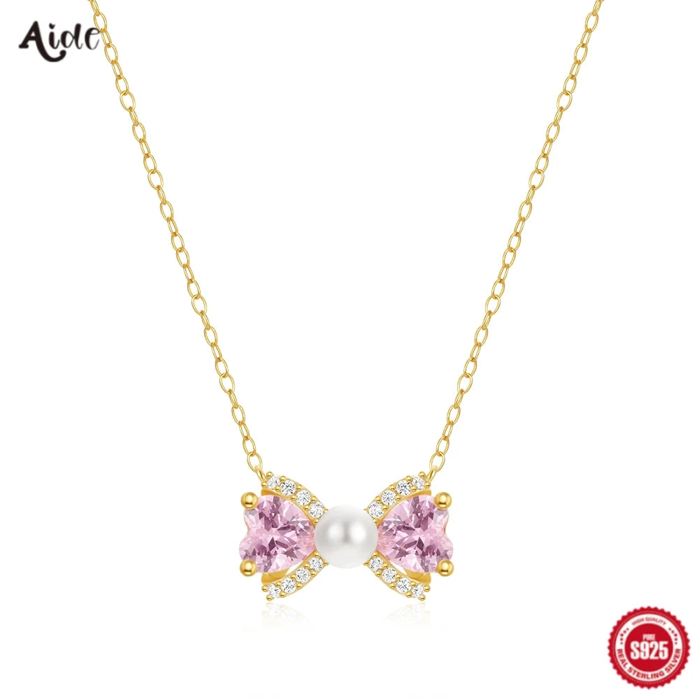 Collar con colgante de perla y corazón de circonita en forma de lazo de plata de ley 925 de Aide para mujer, cadena de oro K, elegante regalo de joyería Y2K