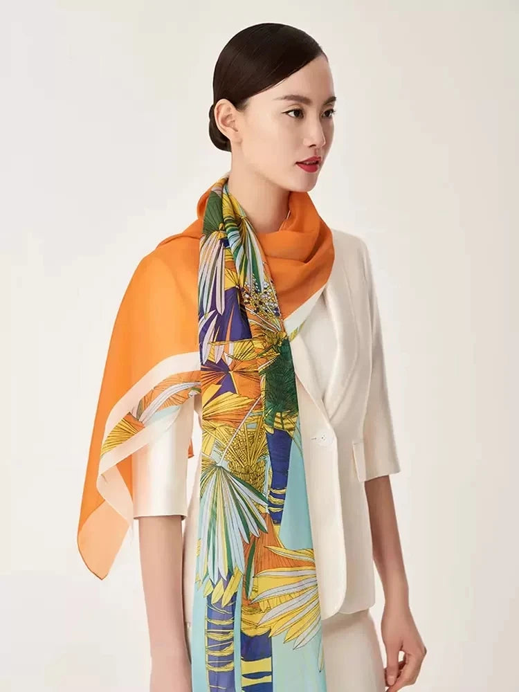 Birdtree, 100%Mulberry Slik Elegant Shawl, 180cm Women Printed, Gifts Original Design Scarf, Summer Autumn New A46267QM