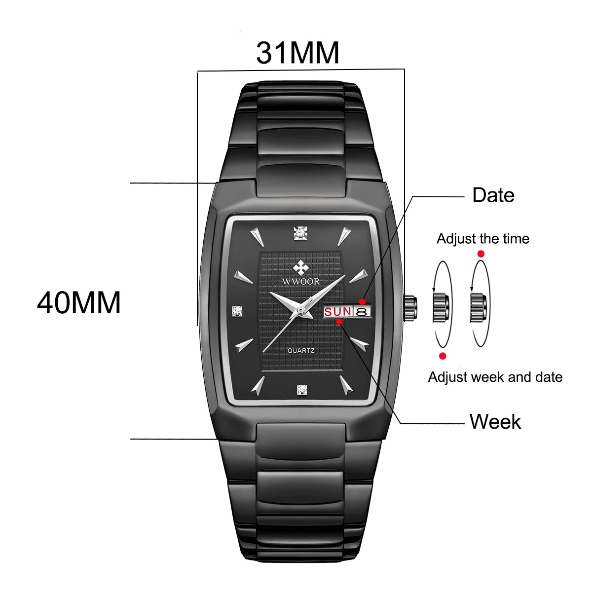 WWOOR 2024 Nouvelle Montre Carrée Hommes avec Date Automatique de Semaine De Luxe En Acier Inoxydable Or Hommes Montres-Bracelets À Quartz Relogio Masculino