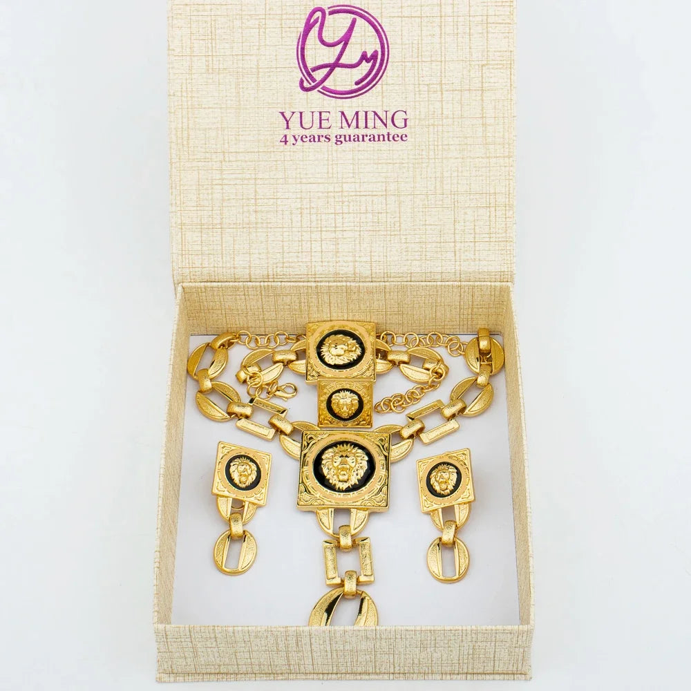 YM Jewelry Set Fashion Woman 18k Gold Plated Necklace Bangle Jewelry Face Shape Chain Pendant Copper Earring Square Ring Gift