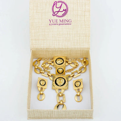 YM Jewelry Set Fashion Woman 18k Gold Plated Necklace Bangle Jewelry Face Shape Chain Pendant Copper Earring Square Ring Gift