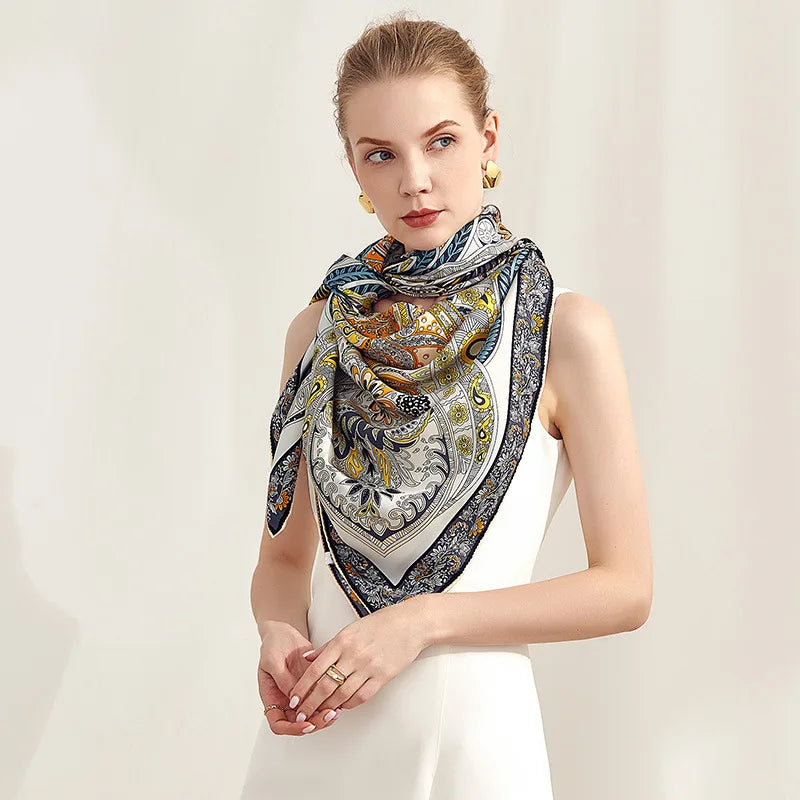 Foulard 100% soie épaisse 16 momme pour femme 140 cm Grand foulard carré Twill Châle de luxe pour femme Bandana imprimé fleurs