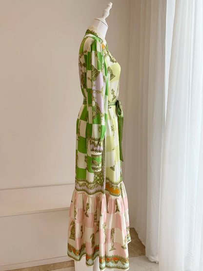 Women Roman Column and Plaid Printed Single Breasted Silk Lantern Sleeve Long Dress