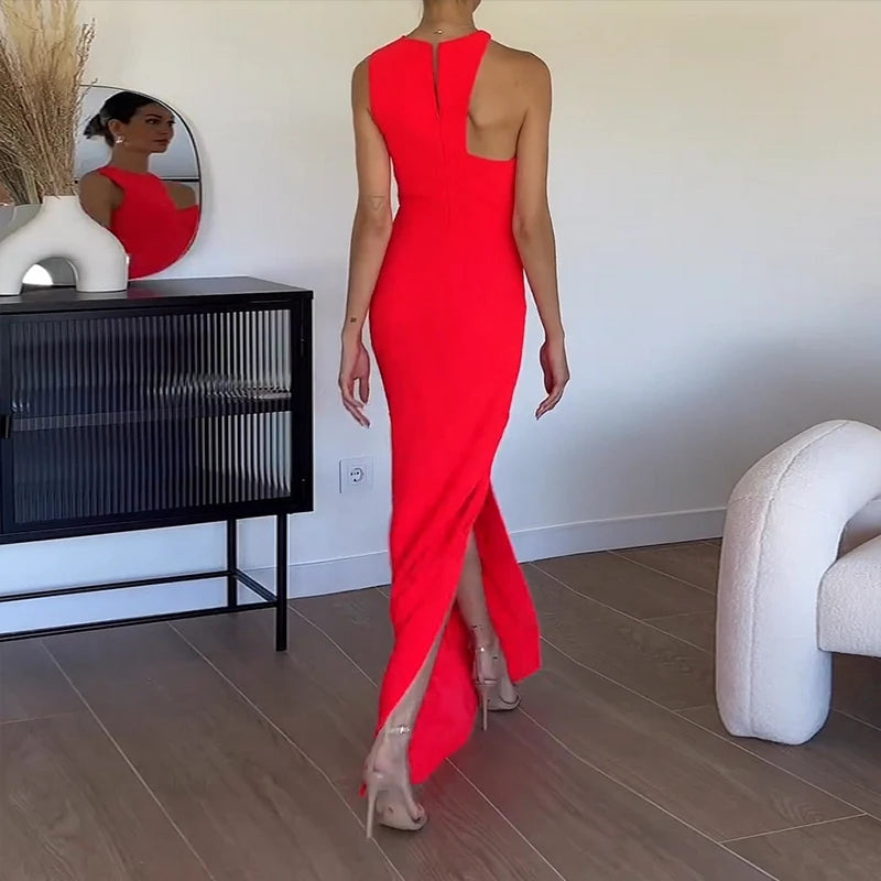 Ellafads Party Long Dress Women Summer Fashion Sexy Solid Sleeveless Irregular Button Slim Slit Nipped Waist Maxi Dresses