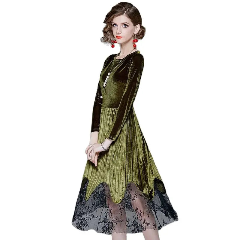 2023 autumn new velvet pleated lace long dress fit and flare Wrist sleeve Mid-Calf with lace O-Neck Dresses