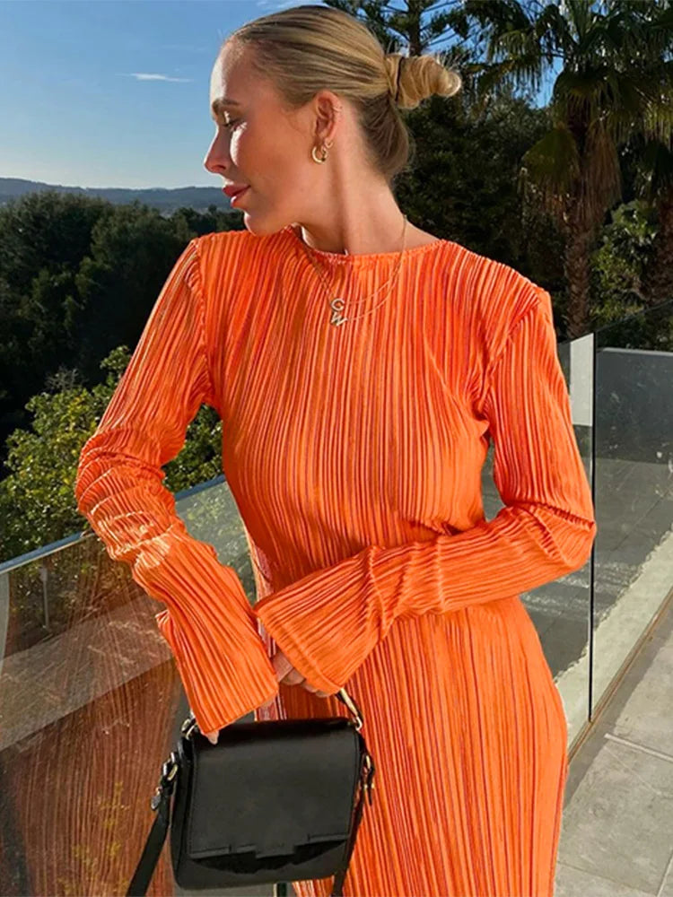 Hawthaw Women Fashion Long Sleeve Streetwear Bodycon Orange Midi Dress 2022 Autumn Clothes Wholesale Items For Business