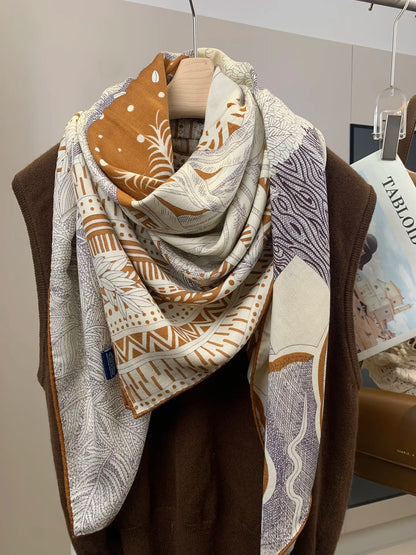 Écharpe carrée d'hiver imprimée de luxe 140 pour femmes, grand châle, écharpes chaudes en pashmina, foulard géant, bord roulé plié