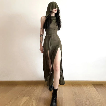 Robe à capuche style gothique sombre cyber-gothique pour femme, style Y2k, punk, grunge, ajouré, mi-longue, sexy, fendue sur le côté, couleur unie, streetwear