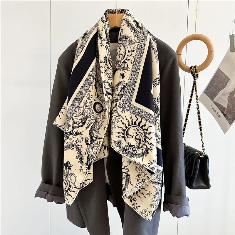 2024 Women Winter Wool Scarves Wraps Double Sided Printing Large Square Warm Shawl Cape 132x132cm