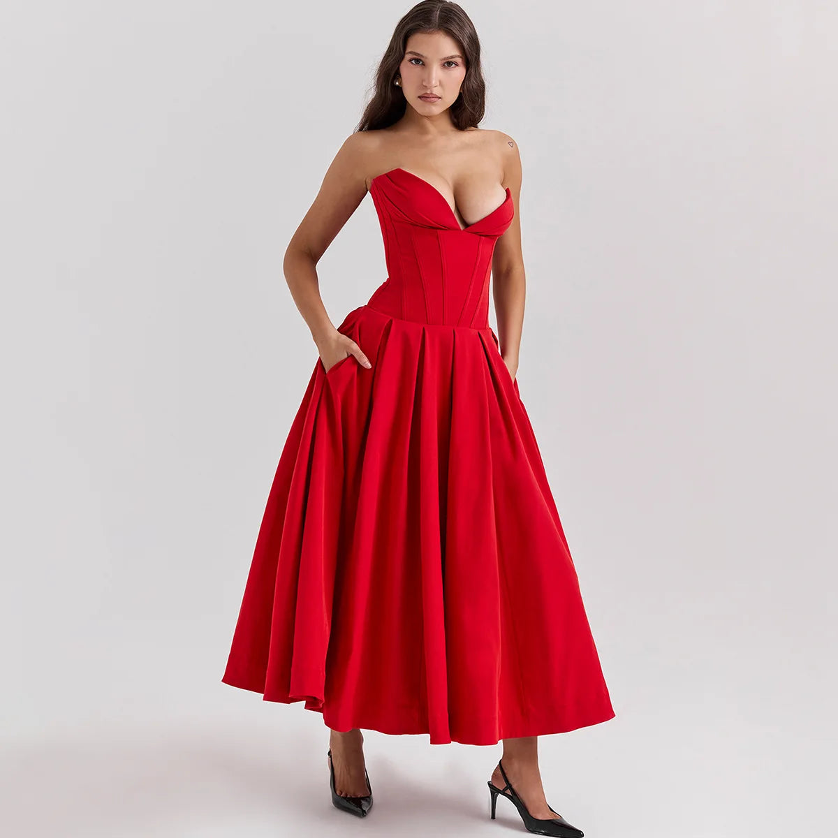 Oligai Summer Red Strapless Formal Occasion Dress Midi Elegant Birthday Party Wedding Guest Dress fit and Flare Women's Clothing