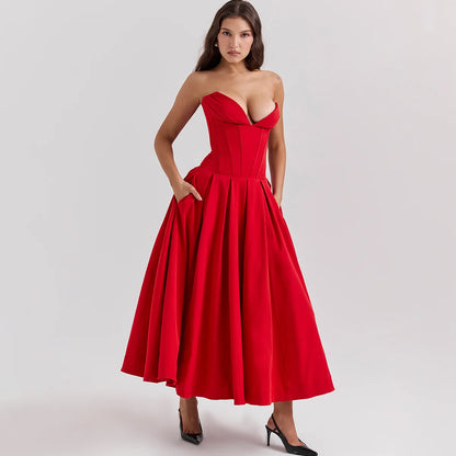 Oligai Vestido de verano rojo sin tirantes para ocasiones formales, vestido midi elegante para fiestas de cumpleaños, bodas, invitados, ajustado y acampanado, ropa para mujer