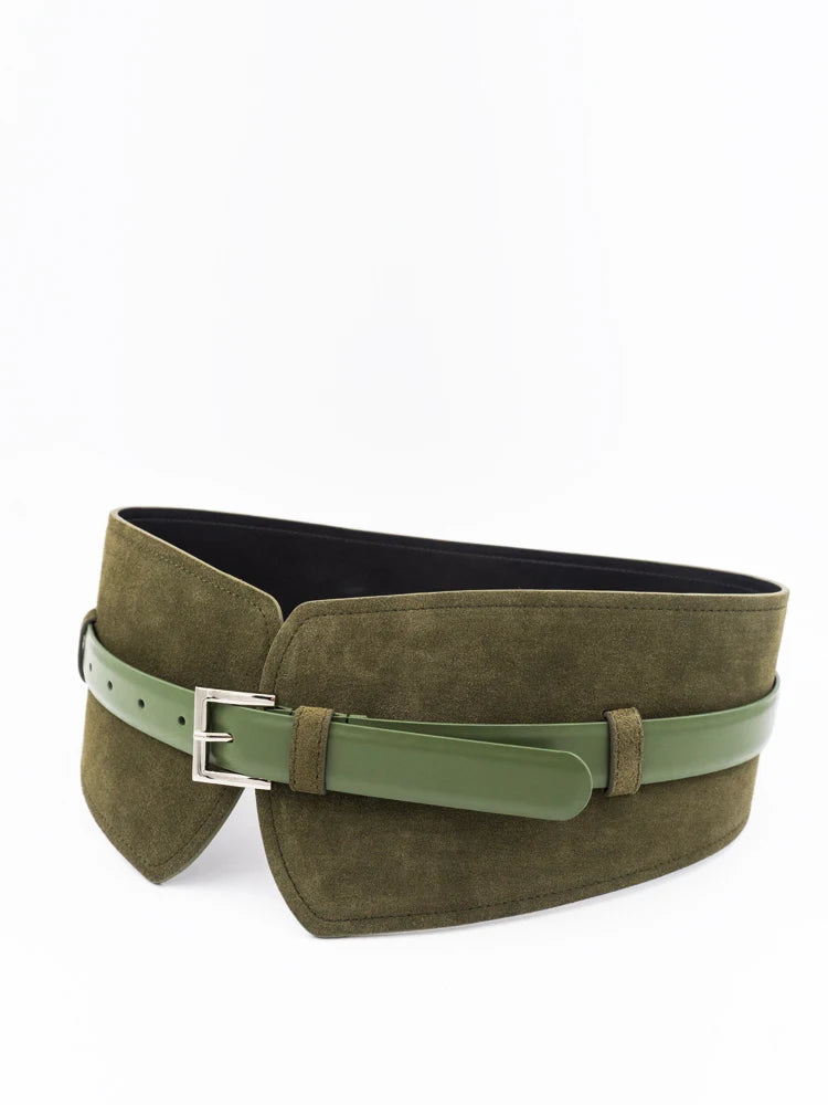 Ceinture double usage en daim rétro avec ceinture contrastante en cuir marron et ceinture de veste et large ceinture