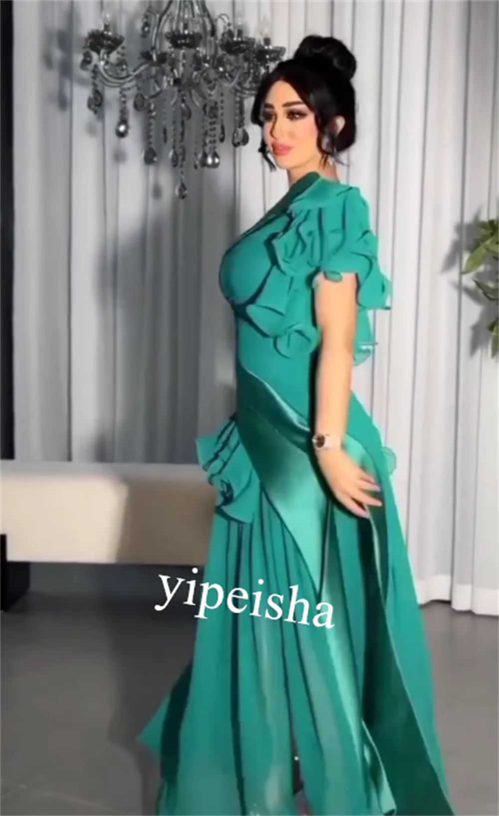 Vestido de fiesta de gasa plisado con escote en V y un hombro a medida para ocasiones especiales