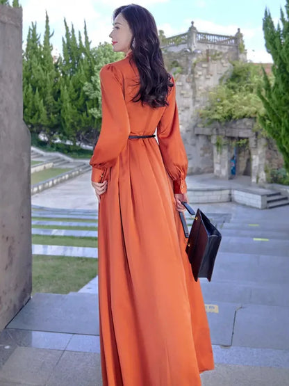 New Women Simplicity Ankle-Length Dress Spring Autumn Fashion V-Neck Long Sleeve High Street Dress Elegant Slim Long Dress