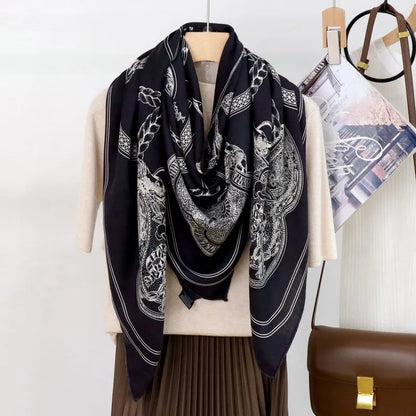 Black Horse Print Cashmere Silk Wool Scarf Winter Soft Warm Shawl Head Stole Wrap Bandana for Women Scarves 135cm