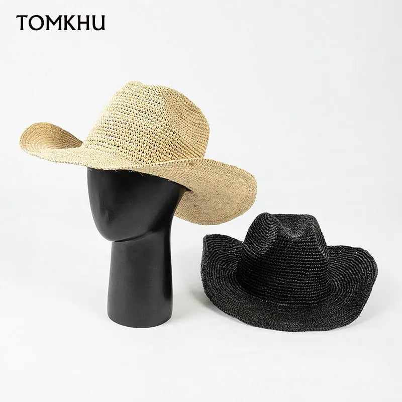 Chapeau de paille en raphia fait à la main de style designer d'été, chapeau de jazz Panama pour femmes, chapeau de soleil de haute qualité, chapeau de cowboy à bord droit