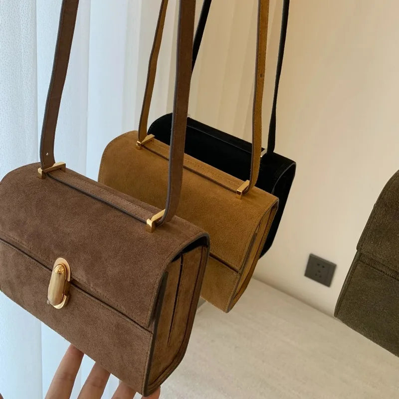 Petit sac carré en cuir de vachette français simple avec poignée en daim de qualité supérieure