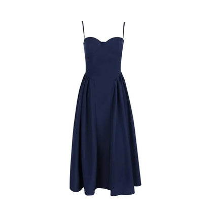 Robe mi-longue élégante à bretelles spaghetti Suninheart Slim A Line Robes de soirée Bleu marine Robe décontractée pour anniversaire et vacances Vêtements pour femmes