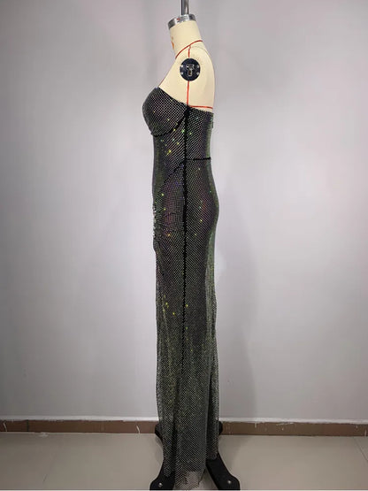 Robe longue d'été sexy sans bretelles pour femmes, tenue de soirée élégante, noire, avec cristaux scintillants, pour soirée, spectacle sur scène, 2024